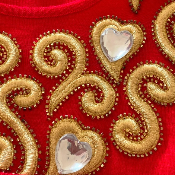 VTG 80s Holiday Festive 2-Pc Red Skirt & Sweater Set Gold Embellished Hearts Med - Picture 2 of 8